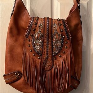 Artisan Tan Leather Hobo Bag with Fringe